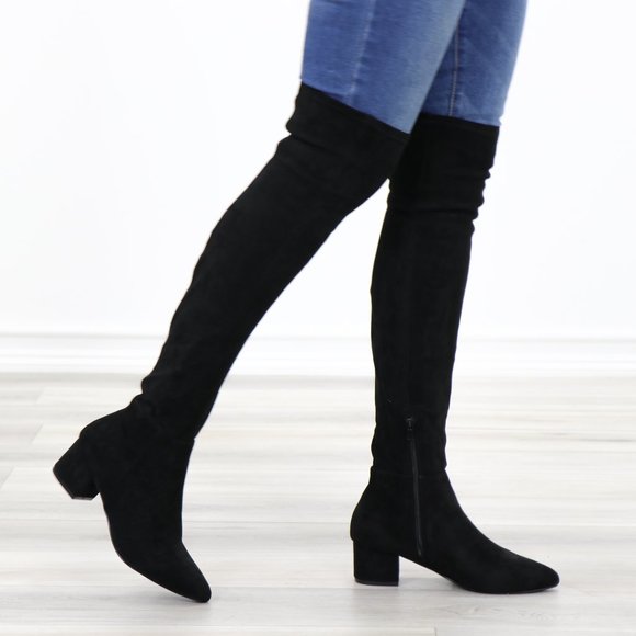 Pointy Toe Over The Knee Black Boots Faux Suede - Picture 10 of 16